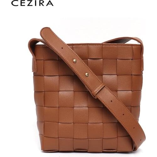 CEZIRA 2020 Design Fashion Pu Leather Crossbody Bag For Women Luxury Handmade Woven Bucket Handbags Female Shoulder Bags Purse