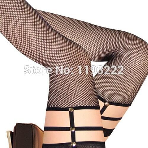 Harajuku Sexy Punk Goth Rock Lace Bandage Leg Ring Cut Out Rivet Elatic Fishnet Net Thigh High Stockings Pantyhose