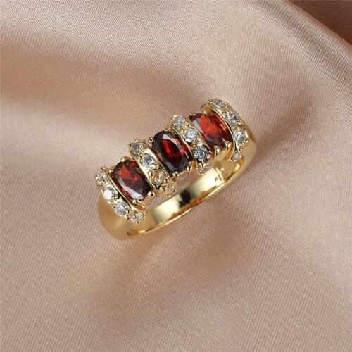 Red Crystal Zircon Ring January Birthstone Rings For Women Wedding Jewelry Vintage Fashion Yellow Gold Engagement Promise Ring