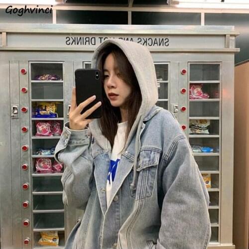 Basic Jackets Women Vintage Hooded Bleached Loose Streetwear Drawstring Korean Style Females Daily Jacket Denim Stylish Designed