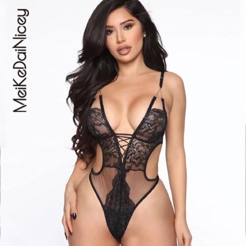 MeiKeDaiNicey 2021 V-Neck Plunge Strappy Sheer Sexy Lace Bodysuit Club Female Body See Through Backless Bodysuit