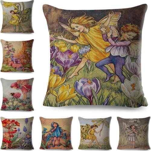 Cute Cartoon Flower Girl Pillowcase Decor Colorful Fairy Tale World Elves Pillow Case Polyester Cushion Cover for Sofa Home Car
