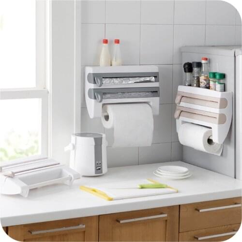 Film Cutter Mutifunction Kitchen Tin Foil Rack Organizer Wall-Mount 4 In 1 Paper Towel Holder Sauce Bottle Storage Rack