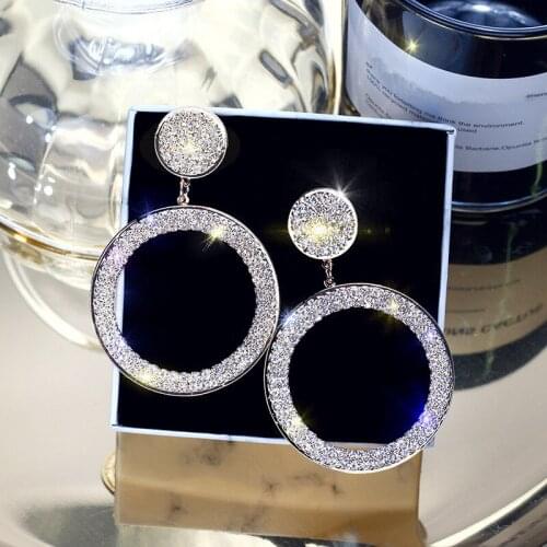 Fashion Shining Circle Drop Earrings Precision Inlay Gold Silver Color Rhinestone Earrings for Women Wedding Party Jewelry