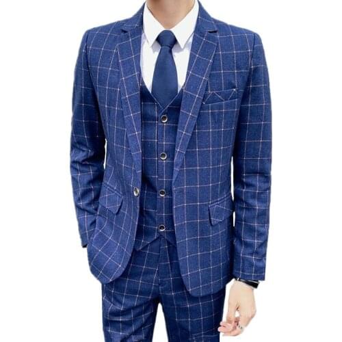 Mens Business Fashion Casual Single Breasted Trousrers Suits / Male Plaid Jacket Blazers Vest Pants 3 Pcs Sets / Plus Size 5XL