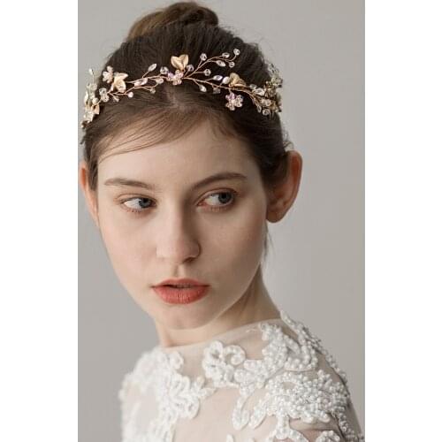 Romantic Sweetheart Bridal Headdress Golden Alloy Leaves Pearl Rhinestone Flower Headband for Wedding Perform Studio Travel O349