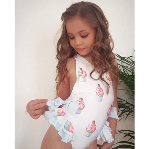 One-piece Swimsuit For Baby Kids Girls Ice Cream Print Bow Backless Cute One Piece Swimwear Swimsuit For Little Girls 2021