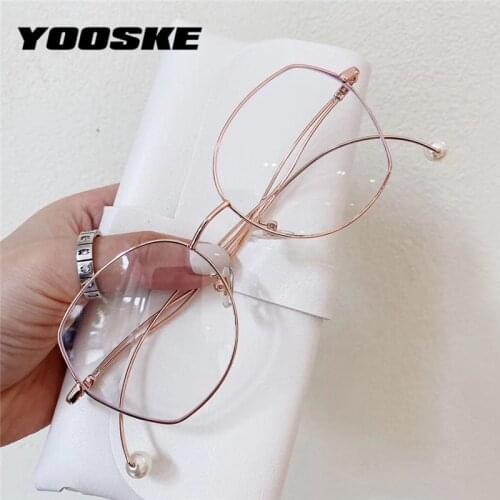 YOOSKE Anti-blue Light Glasses Frame Women Irregular Eyeglasses Unique Pearl Bent-leg Spectacle Frame Fashion Myopia Frames