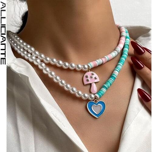 Boho Asymmetry Pearl Candy Mushroom Heart Clay Beaded Necklace For Women Handmade Enamel Choker Imitation Pearls Sweet Jewelry