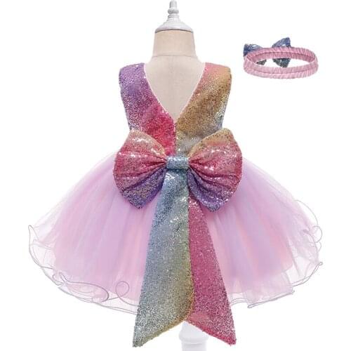 Girl Birthday Party Princess Dresses Kid Bow Sequin Tutu Clothes With Headband Fancy Wedding Evening Dress Vestidos For 0-5 Year