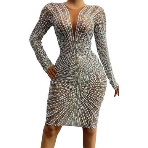Sexy Luxurious Silver White Rhinestones Evening Long Sleeves Dress Birthday Celebrate Stage Wear Performance Dancer Singer Dress