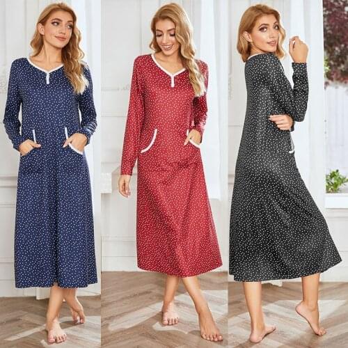 Spring New Product Long Sleeve Polka Dot Printed Nightdress Long Skirt Womens Leisure Home Wear Nightgown Nightwear Sleep Tops