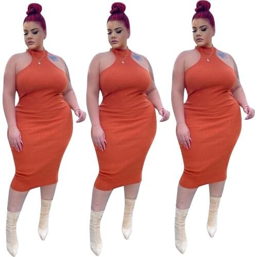 XL-4XL Plus Size Summer Dress Sexy 2021 Simple Solid Color Sleeveless Slim Ribbed Women Dresses Wholesale Dropshipping