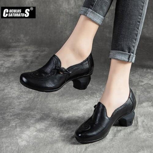 Manual Genuine Leather high heel womens shoes Black brown Vintage single shoes female Comfortable mom shoes womens shoes