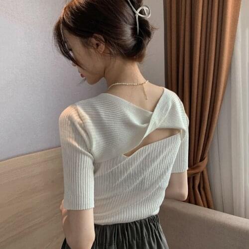 Korean Summer Temperament Round Neck Carefully Machine Hollow Open Back Design Sense Slim Slimming Short-sleeved Sweater Women