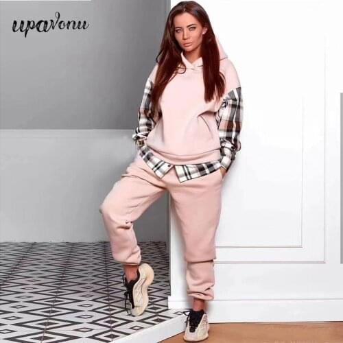 Free Shipping Solid Loose Sportswear Suit Womens Casual Plaid Long Sleeve Hooded Pullover Sweater & Elastic Pants Two-piece Set