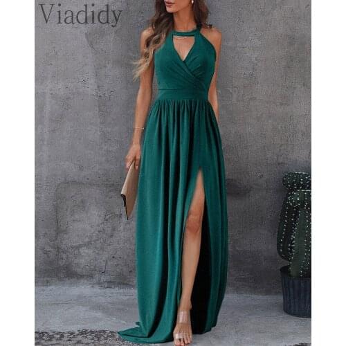 Women Elegant Sleeveless Front Cut Out Design Side Slit Maxi Dress