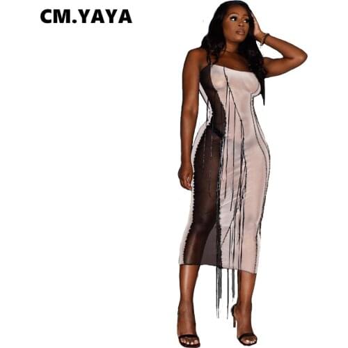 CM.YAYA Women Summer Spaghetti Strap Midi Dress Sexy Night Party Bodycon Print Pencil Dresses