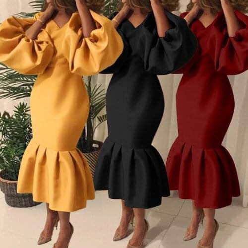 2021 V Neck Puff Sleeves Dresses for Women Party Plus Size Office Lady Africa Ruffles Ankle-length Empire Slim Dress