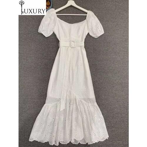 2020 Newest Fashion Summer High Quality Women Sexy Off Shoulder Allover Cut Out Embroidery Short Sleeve Midi Dress Mermaid