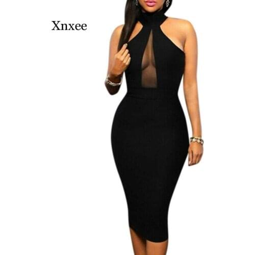 Women Dress Party Mesh Halter Neck Sleeveless Summer Dress Elegant Casual Sexy Skinny Hip Dress Women Clothing