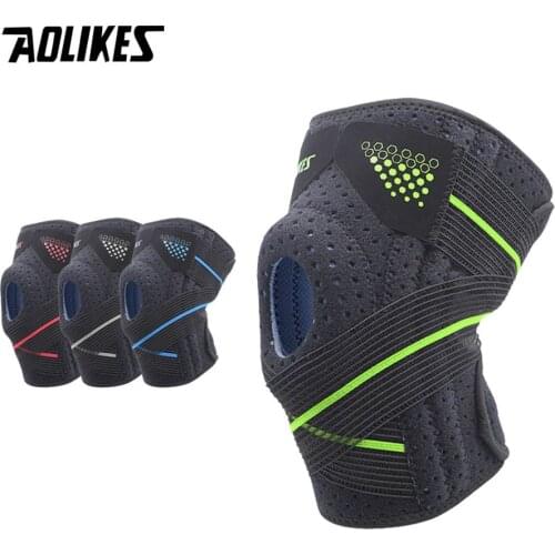 AOLIKES 1Pcs Silicone Padding Knee Brace 4 Springs Support Knee Pad mtb Straps Compression Knee Protector For Hiking Basketball
