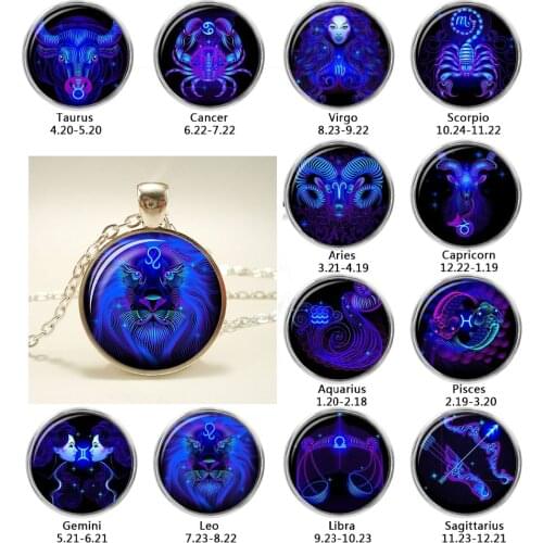 12 Zodiac Sign Pendant Necklace Constellation Horoscope Astrology Silver Plated Chain Necklace Women Men Glass Cabochon Jewelry