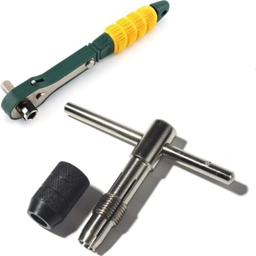 2 Pcs Wrench: 1 Pcs 6.35Mm Inner Hexagon Ratchet Socket Wrench with Dual-Head & 1 Pcs T-Handle Tap Wrench Chuck Type
