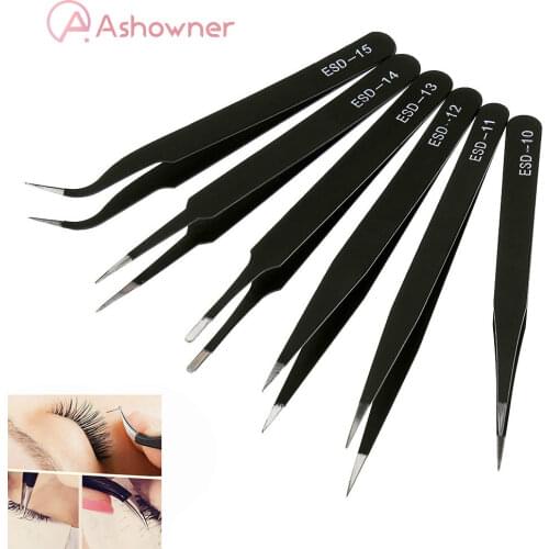 6pcs Black Eyebrow Tweezer Stainless Steel Point Slant Flat Tip Hair Removal Eyelash Extension Makeup Nails Tools Eye Brow Clips