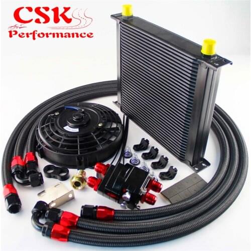 AN10 Universal 34 Row ENGINE FILTER RELOCATION Oil Cooler+7" Electric Fan Kit Black