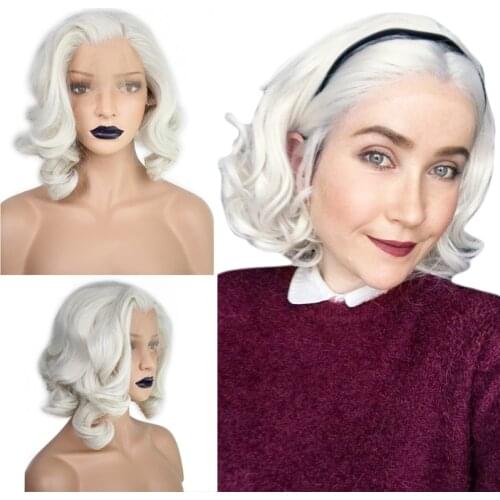 Anogol Short Body Wave Bob White Blonde Free Part Wave High Temperature Fiber Synthetic Hair Lace Front Wigs For Drag Queen