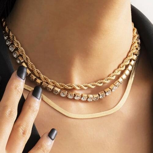 Multilayer Boho Flat Blade Snake Chain Shiny Rhinestone Tennis Necklace Womens Twisted Metal Crystal Necklaces Girl Jewelry