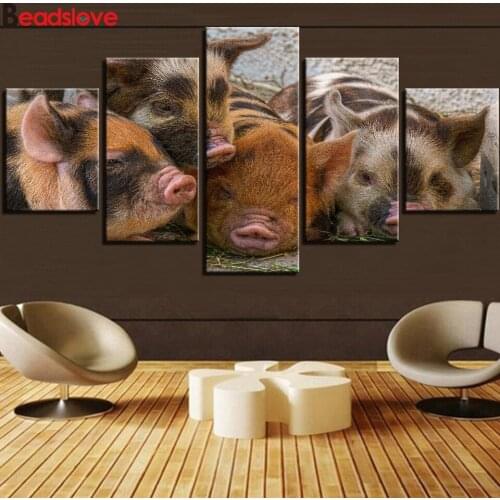 Four Cute Pigs 5d diy handcraft diamond painting 5 Pieces diamond mosaic full diamond embroidery animals multi panel wall decor