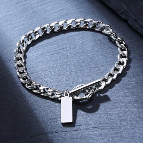Engrave Cuban Chain Bracelets for Men Solid Metal Stainless Steel Toggle Clasp Custom Male Jewelry