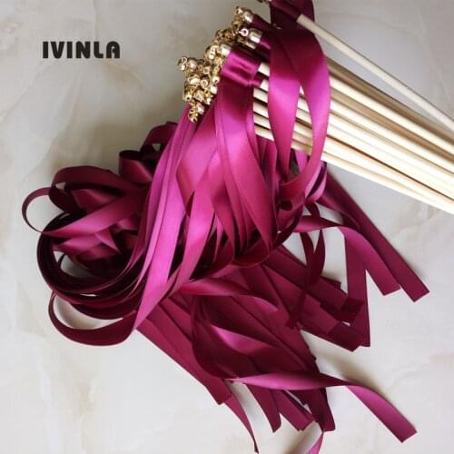 Hot 50pcs/lot Wine wedding ribbon wands with gold bell ribbon Twirling Streamers wedding ribbon stick for wedding