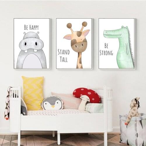 Be Happy Nursery Room Prints Painting On Canvas Animals Hippo Giraffe Monkey Lion Poster Picture Home Decor for Kids Baby Room