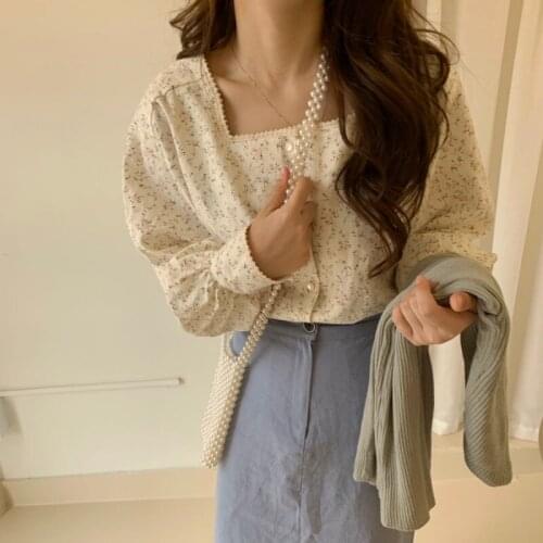 Korean Women Blouses 2020 Spring Summer Sweet Fashion Square Collar Casual Print Shirt Long Sleeve Women Tops Shirts 117E
