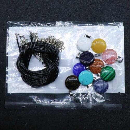 10pcs Round Shape Pendants & 10pcs Leather Rope Natural Stone Pendants Necklace Energy Pendulum For Jewelry Making 20*20mm
