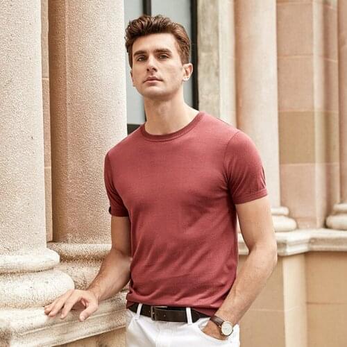 Men T-shirt Lyocell Natural Silk Cotton Short Sleeve Soft Easy Care Cool Fashion Wine Red Summer Cool Man O-neck T Shirt