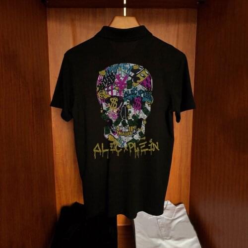 Summer Mens Polo Shirt Exaggerated Short-Sleeved Camouflage Super Hot Diamond Skull Fashion Style Clothing