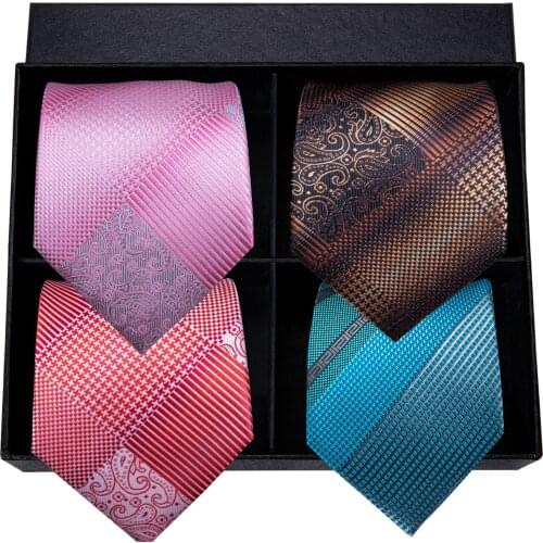 Hi-Tie Silk Tie Set Classic Plaid Mens Wedding Party Business Tie 8.5cm Wide Pink Green Ties & Handkerchief Cufflinks Set 150cm