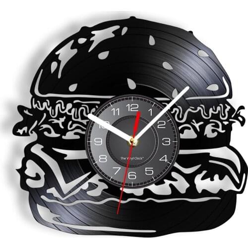 Hamburger Laser Etched Vinyl Record Wall Clock For Dining Room Burger Vintage Album Wall Watch Fast Food Artwork Kitchen Decor
