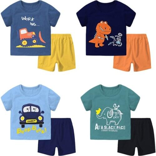 New 2021 Kids Boys Girls Summer Clothing Sets Cute Cartoon O-neck Short Sleeve T-Shirt Tops with Shorts Toddler Baby Pajamas Set