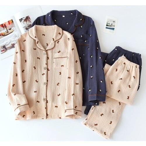 Spring Autumn Couple Pajamas Two-piece 100% Cotton Crepe Cartoon Thin Long-sleeved Trousers Home Service Set For Men And Women