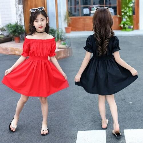 Girls Dress Summer Off Shoulder Solid Kids Dresses for Girls Fashion Waist Teens Children Princess Clothes 4 6 8 10 11 12 Years
