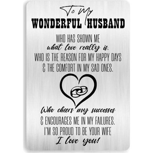 Husband Gift from Wife,to My Wonderful Husband Engraved Metal Wallet Card Inserts, Love Note Cards For Birthday Christmas Gifts