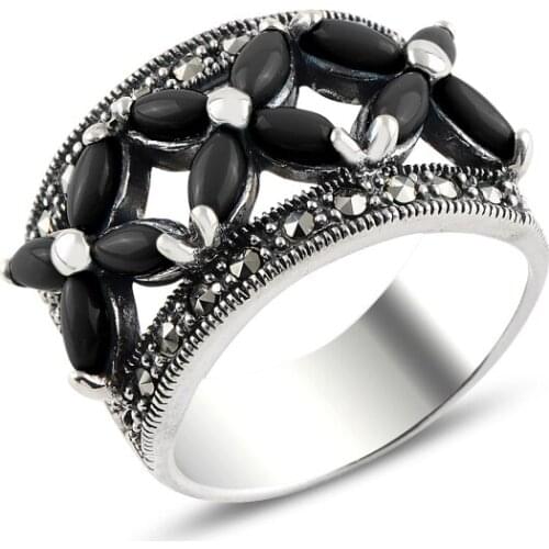 Silver 925 Sterling Onyx & Marcasite Ring
