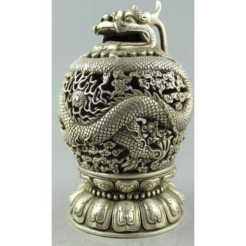 Old Handwork Tibet silver carved Dragon plate Tengyun driving fog Censer