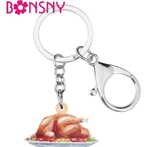 Bonsny Acrylic Thanksgiving Turkey Roast Chicken Key Chains Rings Jewelry Car Purse Bag Decoration Keychains For Women Girl Gift