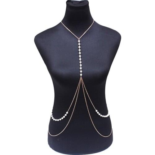 Women Body Chain Sexy Gold Color Beach Bikini Back Body Waist Chain Imitation Pearls Back Bib Necklace & Pendants Boby Chain